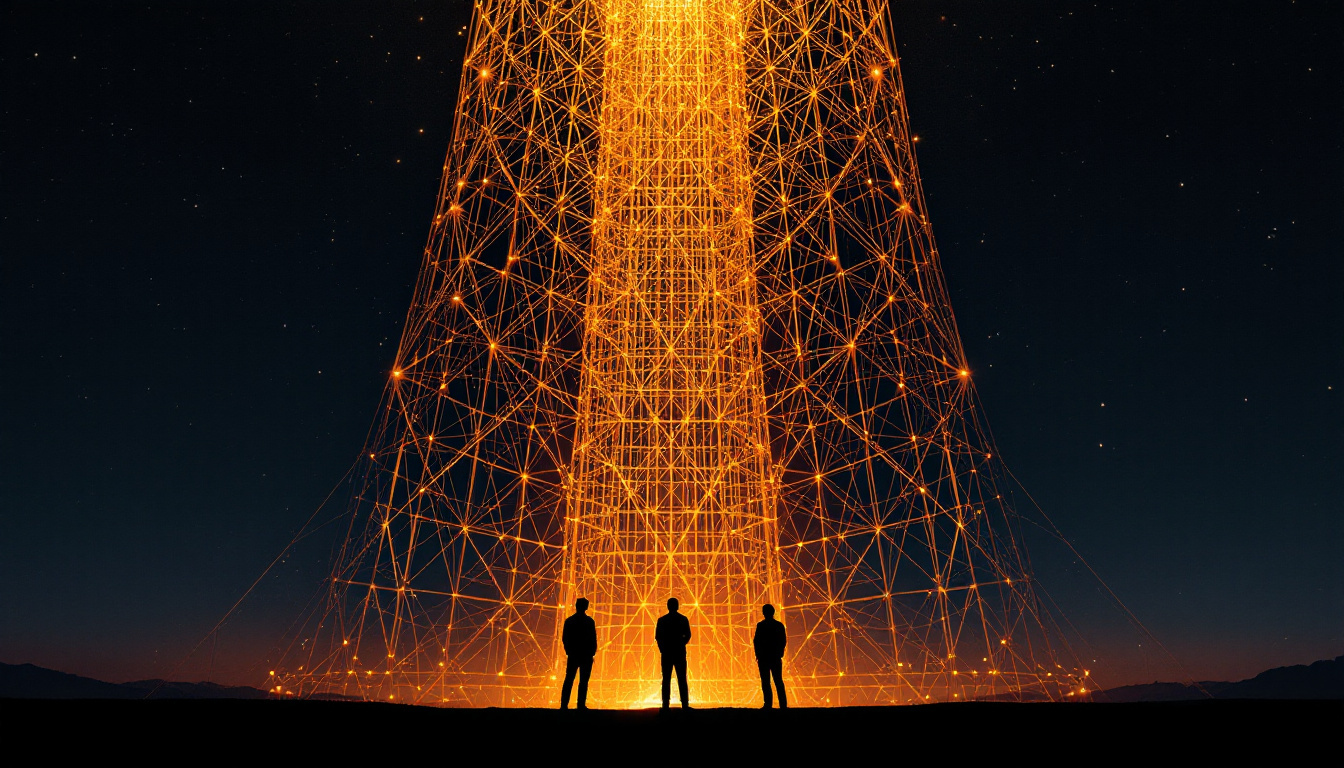 Small figures before an immense illuminated structure