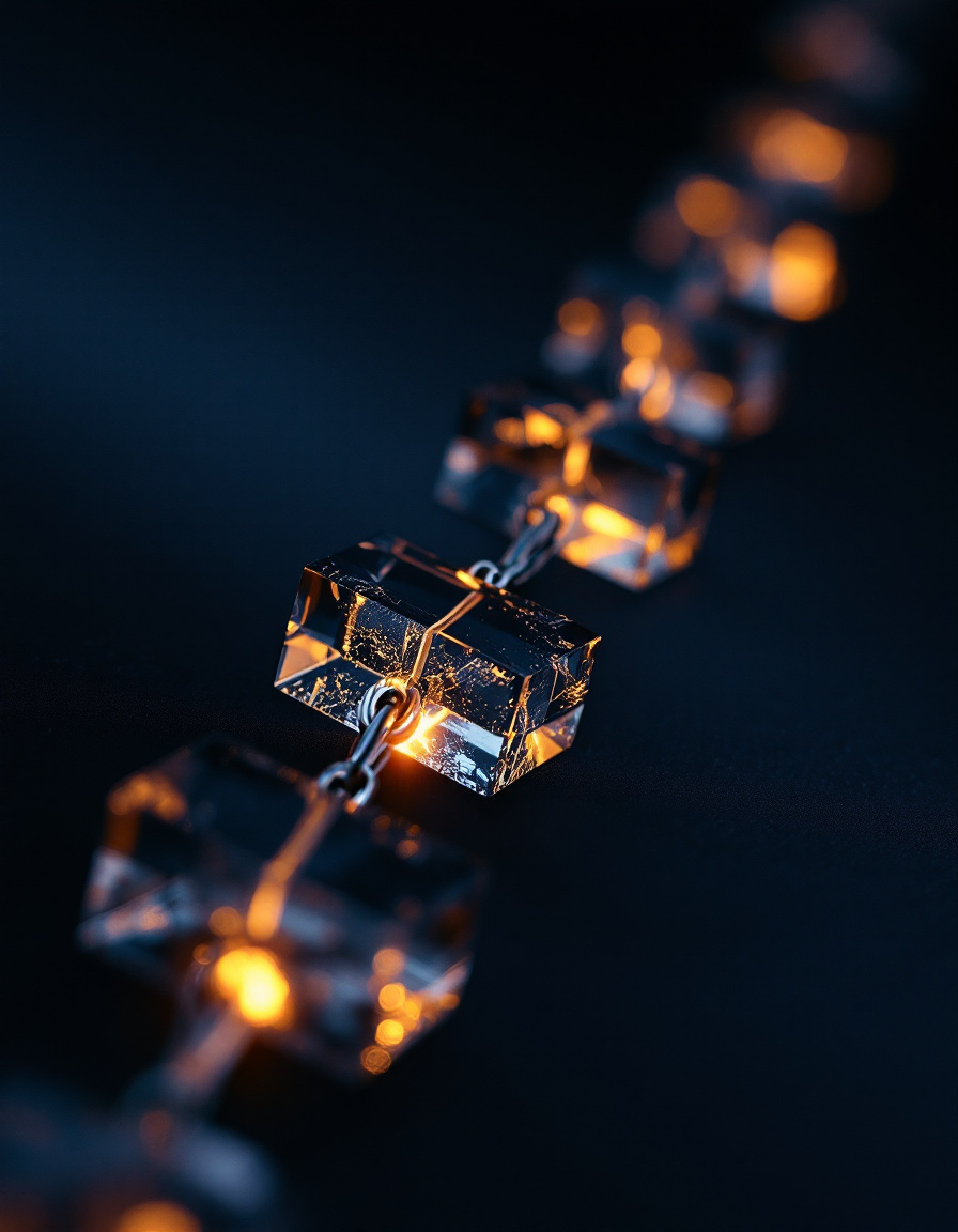 A luminous chain of linked records receding into darkness