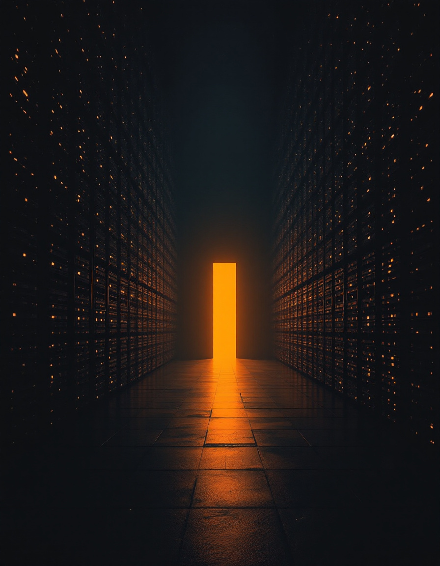 A narrow window of light opening in a vast dark archive