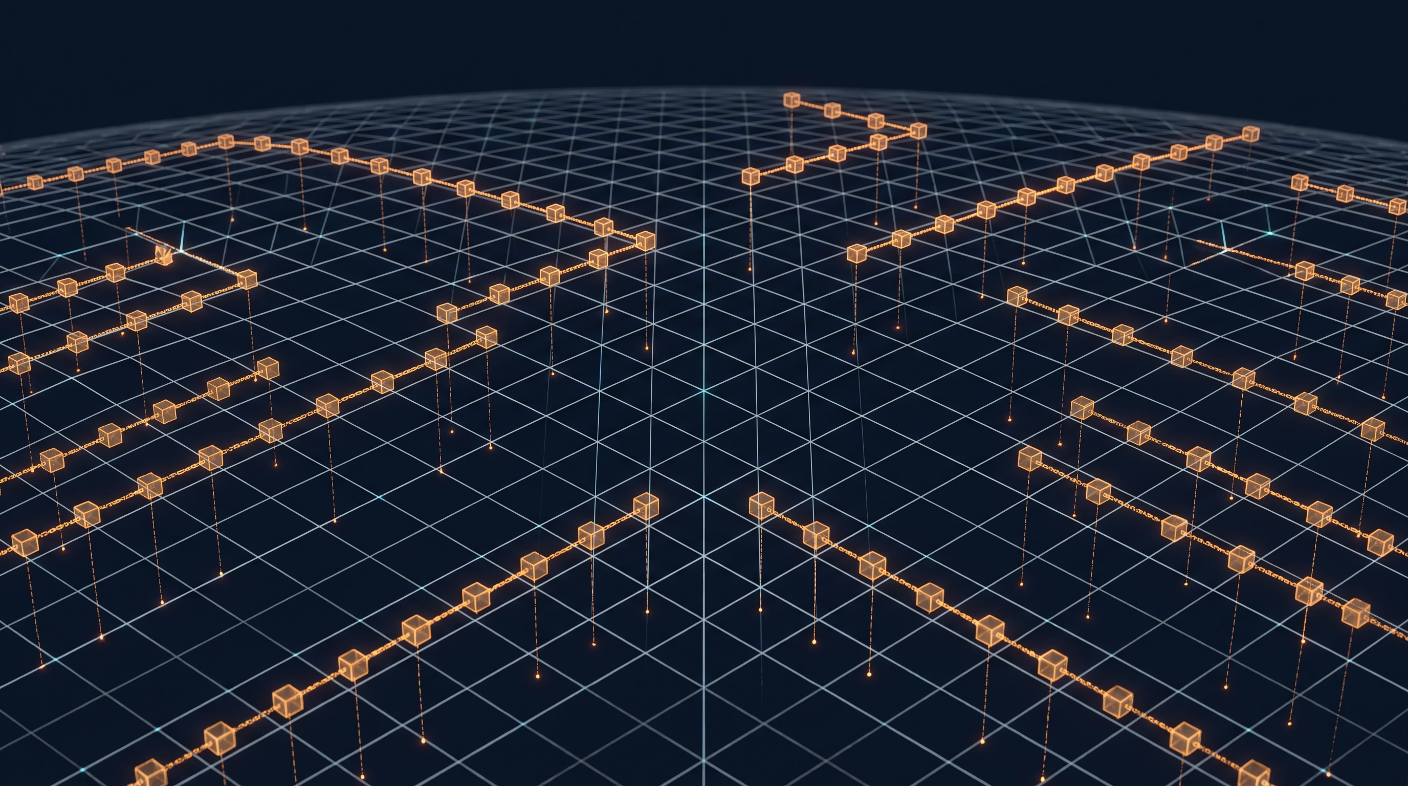 Chains of amber memory blocks pinned by dashed lines to the points on a grid where things happened