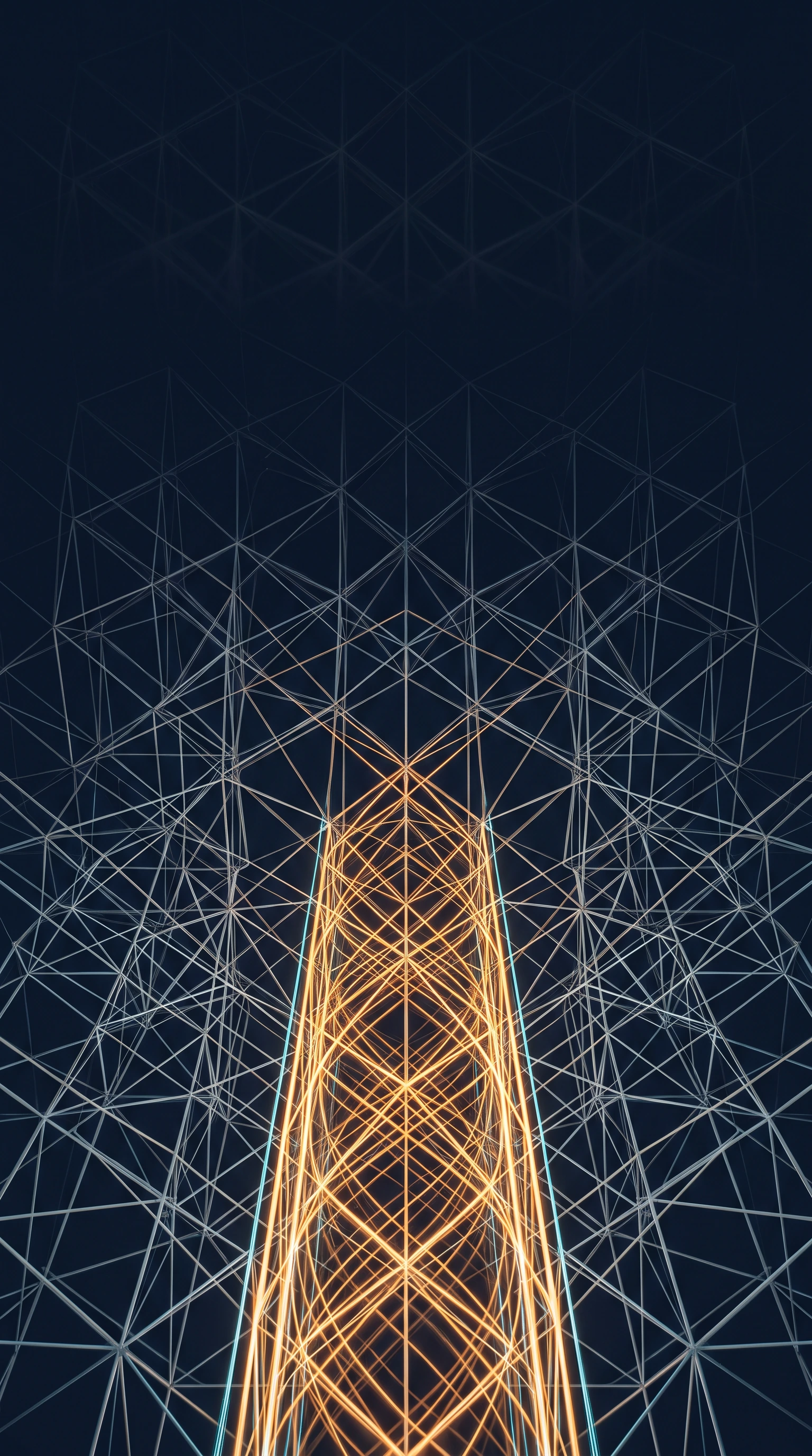 A tall lattice of light with an amber column of memory rising through it